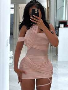Sexy Mesh Splicing Cross Wrap Ruched Bodycon Mini Dress - Solid Color Strappy Leg Detail Party Dress Summer Vacation Outfits Vestidos Elegantes De Mujer - Hồng - Xem 3