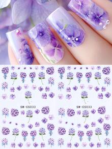 SWEET TREND 2 piezas de calcomanías de uñas 3D con flores de hortensias púrpuras, elegantes y románticas, con pétalos de flores púrpuras degradados, hojas verdes, estampado floral de primavera y verano, decoración de uñas DIY, moda, boda, autoadhesivo, esmalte de gel, salón, deslizador, suministros de arte de uñas - Multicolor - Ver 2
