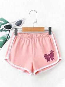 2pcs/Set Girls' Outfit, Short Sleeve Top And Sports Shorts, Pink And White Color Blocking Design With Bow And Crown Pattern, Suitable For Summer Wear - Multicolor - View 5