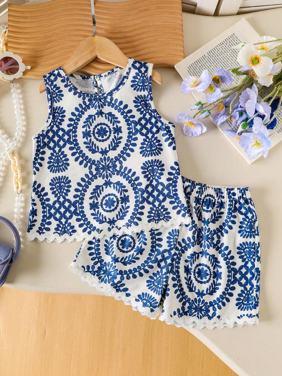 2件套女童波西米亚风碎花无袖套装,夏季 - 藍色 - 查看 1