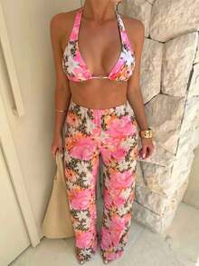 2pcs/Set Floral & Leopard Print Ruffled Bikini Top And Drawstring Beach Shorts, Pink, Summer Beach Holiday - Multicolor - View 1