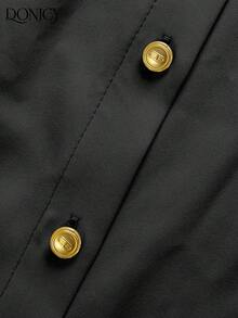 DONICY Light Blue Short Sleeve Blouse For Women, Satin Fabric, Gold Button Collar, Versatile For Office & Casual Wear - Black - View 4