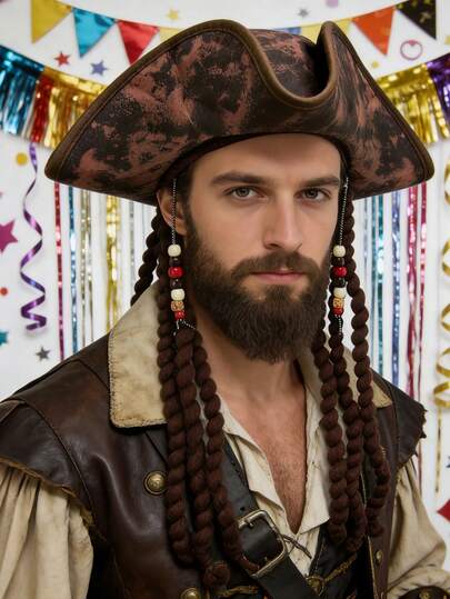 Tóc giả nam kiểu cướp biển cổ điển, bện đôi, dày dặn, làm từ sợi gai dầu, thiết kế trang trí hạt cườm, kết cấu tự nhiên, phù hợp cho cosplay, tiệc theo chủ đề và biểu diễn sân khấu.