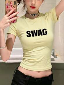 Camiseta de mujer de cuello redondo y manga corta "American Hot Girl", nueva estampado de letras para el verano, top corto de ajuste ceñido y casual - Amarillo - Ver 8