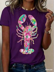 Women's Lobster Pattern T-Shirt - Soft Pink And Turquoise Coastal Print, Loose Fit, Short Sleeves, Round Neck, Lightweight And Breathable Summer Beach Party Top, Vibrant Lobster Design, Women's Casual Everyday Shirt, Machine Washable,  Gift Choice (New Stylish T-Shirt) - 紫色 - 查看 1
