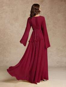 [Spring/Summer Style] Best-Selling New Arrivals Women's Elegant Ruffle Trim Tie-Waist Flare Sleeve Dress, Spring/Summer - 淺黃色 - 查看 8