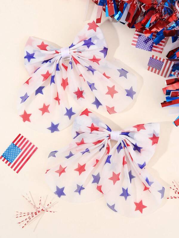 2pcs 4th Of July & Independence Day & Memorial Day Cute Red & Blue Star Tulle Hair Bows For Girls,Sweet Patriotic Hair Clips Fashion Hair Barrettes,Party Gifts & Daily Wear Hair Accessories