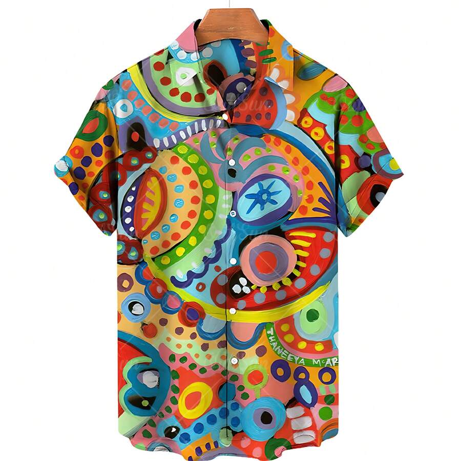 Abstract And Colorful Patterns Symbolize Creative Energy And Happy Emotions. 3D Printed Casual Short Sleeved Button Men's Shirt For Summer Fashion - A508D-AL24357 - 查看 1