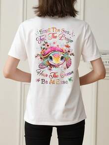Women's Regular Fit Tee With Cute Sea Turtle And Floral Print, Coastal Style - White - View 2