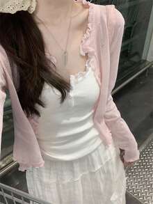 长袖开衫，轻薄镂空针织女式毛衣，休闲甜美风格，荷叶边装饰，春夏粉色 - 粉色 - 查看 5