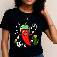 Camiseta para Mujer Pimienta jugando fútbol con música Manga corta cuello tripulación casua Adecuado para primavera y verano- 1pcs, 180Gsm, 100% Cotton - Negro - Ver 1