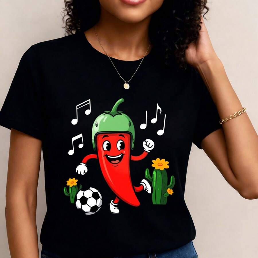 Camiseta para Mujer Pimienta jugando fútbol con música Manga corta cuello tripulación casua Adecuado para primavera y verano- 1pcs, 180Gsm, 100% Cotton - Negro - Ver 1