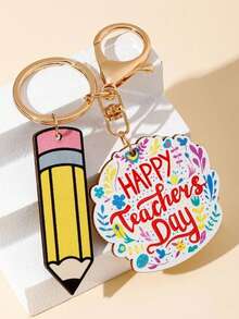 2个新款可爱钥匙扣 - 手工制作 - 教师字母木质吊坠钥匙扣，彩虹流苏，苹果、钢笔和书本造型木质钥匙扣，毕业礼物，同学聚会礼物，教师节礼物，纪念品 - 创意礼物，节日礼物，手机和汽车配件，钥匙扣，情人节礼品袋，Y2K吊坠 - 金色 - 查看 4