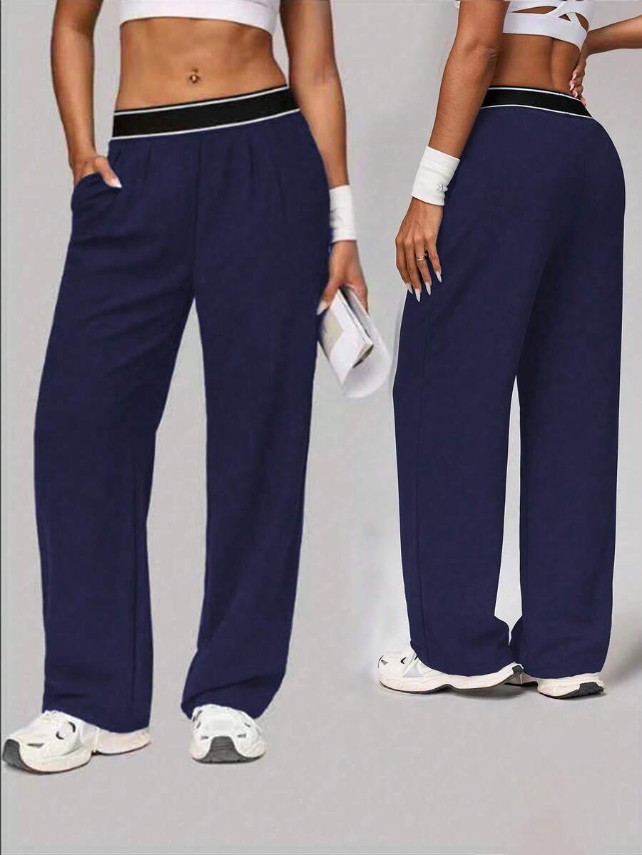 Women's Casual Sports Pants, Women's Sports Pants, Loose Sports Pants, Jogging Pants, Women's Sports Pants, Loose Sports Clothes, Essential For Spring Outdoor Sports: High Waist With Contrasting Border Elastic Waistband, Loose Fit, Lightweight Fabric - 藍色 - 查看 1