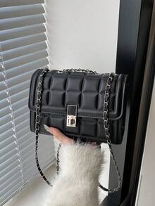 Fashionable Small Handbag For Women, New Arrival Plaid Shoulder Bag, Minimalist Chain Crossbody Square Bag - Black - View 2