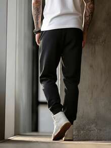 Men's Spring/Summer Drawstring Printed Elastic Waist Lightweight Breathable Sports Pants - Black - View 3
