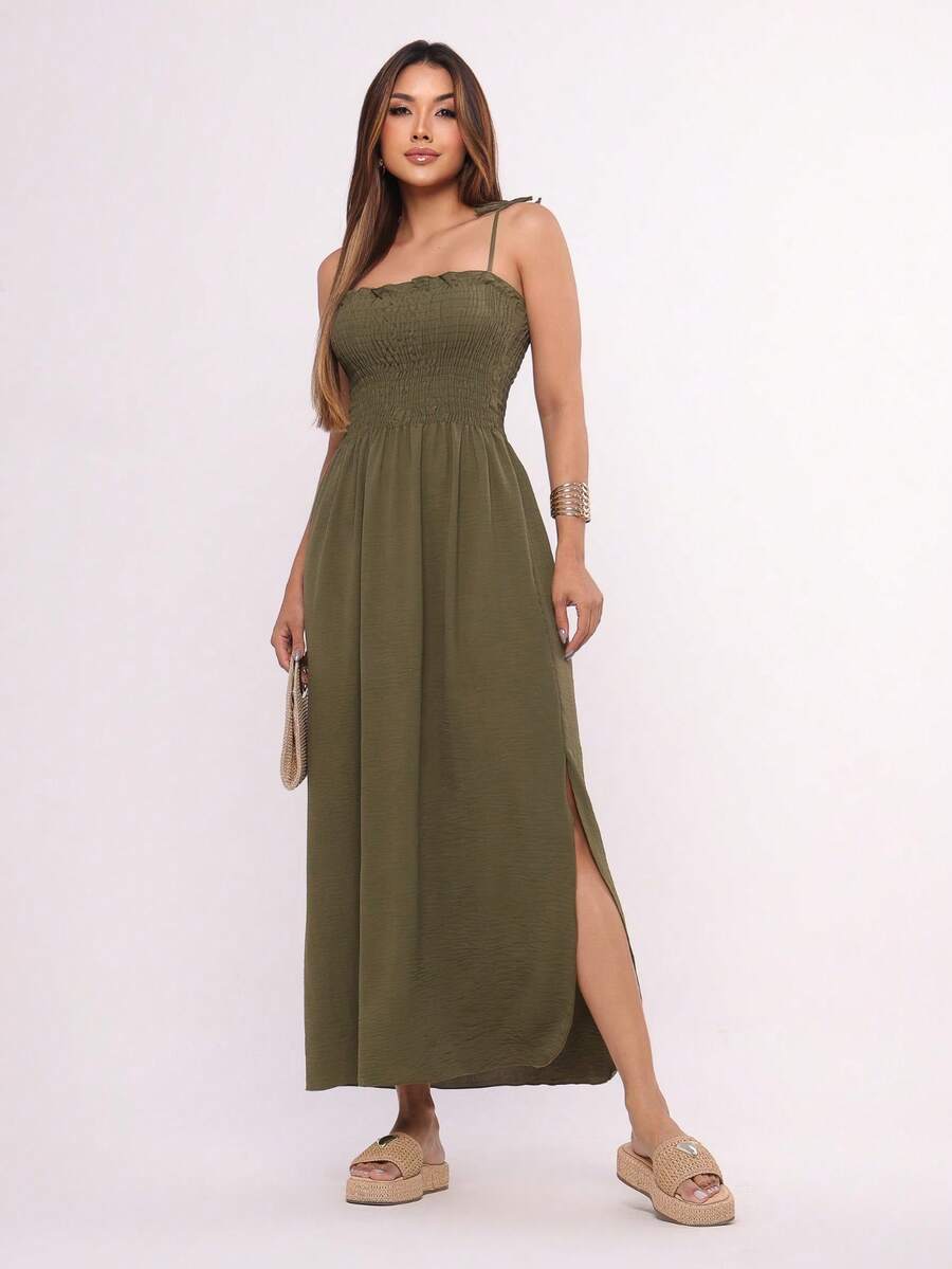 Women's Long Dress With Latex And Evangelical Strap Adjustment - xanh quân đội - Xem 1