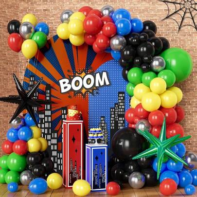 137pcs Superhero-Themed Balloon Arch Set, Includes Exploding Star Foil Balloons And Latex Balloons In Red, Yellow, Blue, Black, And Green. Perfect For Birthday Parties, Baby Showers, Carnivals, And Superhero/Video Game Themed Party Decorations.
