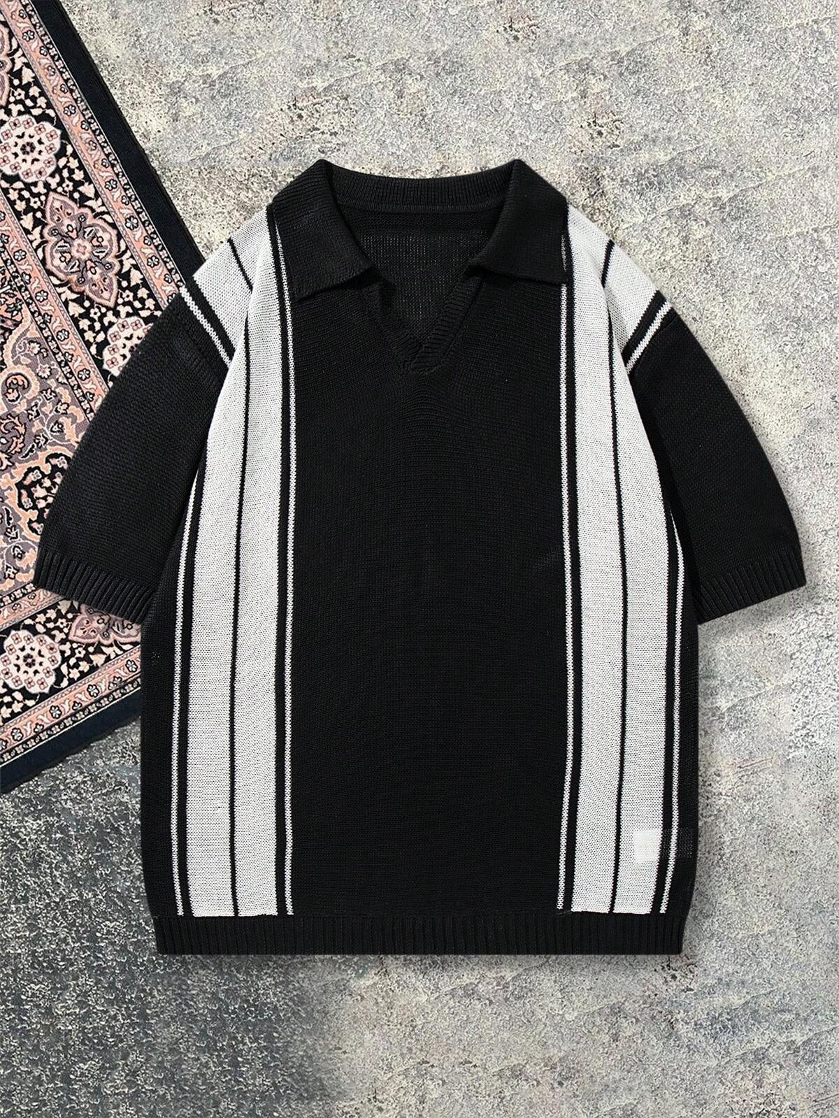 Pull tricoté à manches courtes pour homme et femme, style européen, américain, japonais et coréen, pour le printemps/été, pour le travail, les trajets, les vacances, décontracté et polyvalent, blocs de couleurs, rayé, minimaliste, ample, col V et col polo, en tricot, pull noir 2