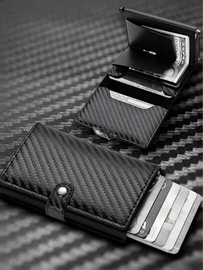 男士高级奢华优雅自动弹出式卡包，具备RFID屏蔽、防盗、防消磁功能，多功能多卡位超薄钱包，便携式卡片收纳包，完美适用于日常生活、工作、商务、旅行、情人节、复活节、母亲节、父亲节、生日等各种场合，是理想的节日礼物之选。