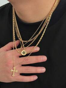 5件套十字架吊坠项链套装，复古嘻哈独特魅力男士饰品 - 金色 - 查看 5