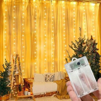 1条300颗LED灯珠窗帘灯 - 暖白光，9.8英尺 x 9.8英尺，电池供电，8种模式 - 非常适合婚礼、派对、卧室、墙面、圣诞节和万圣节装饰