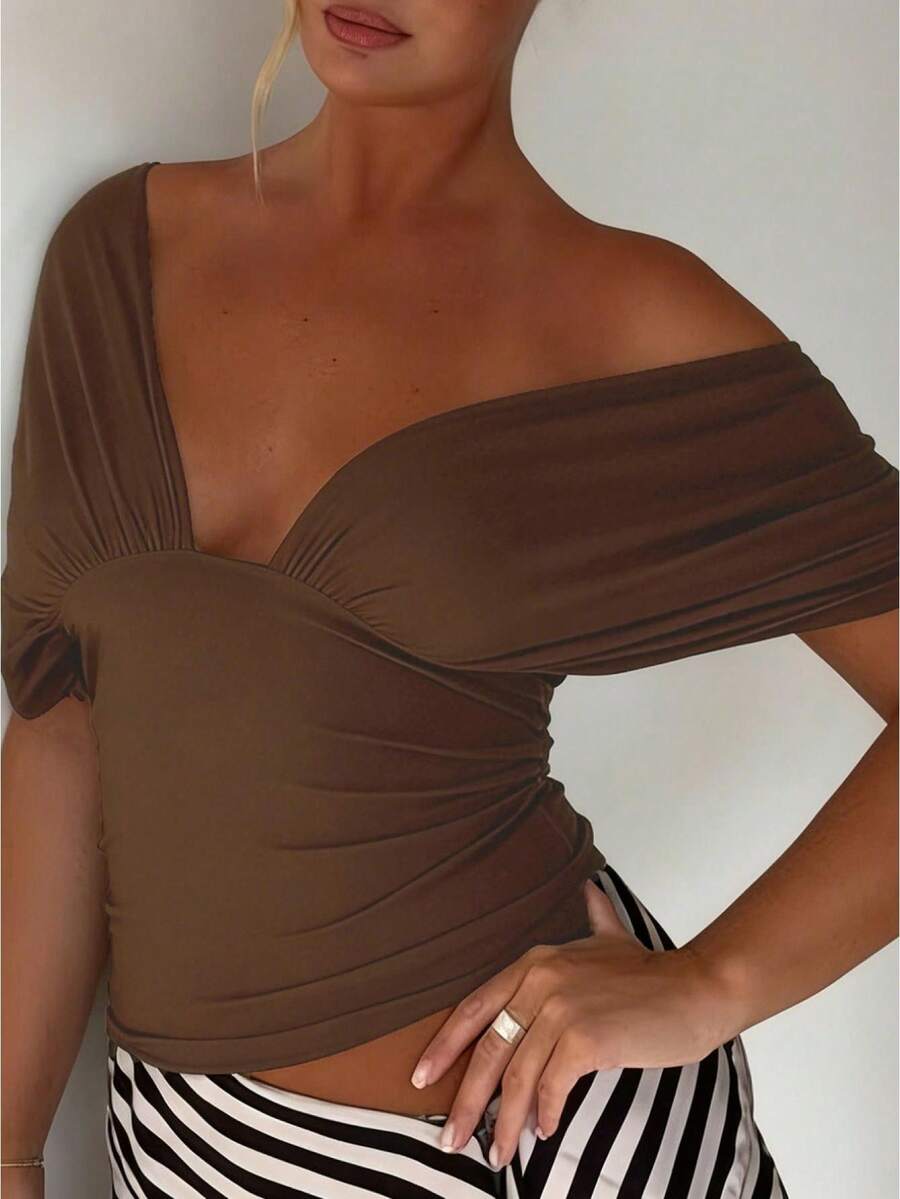 Top convertible de 2 en 1 de unicolor para mujer estilo Y2K, top halter hombros descubiertos con lazo en la espalda y plisado para cultivo personal para club y fiesta - Marrón - Ver 1