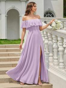 Lavender Off-Shoulder Ruffle Sleeve Side Slit A-Line Dress, Bridesmaid Gown For Wedding, Summer Beach Resort Wear - Mauve Purple - View 7
