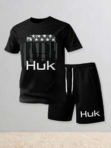 CHAOSHU HUK American Flag Logo Print Men's Short Sleeve T-Shirt & Shorts Set Patriotic Fishing Two-Piece Outfit - 黑色 - 查看 1