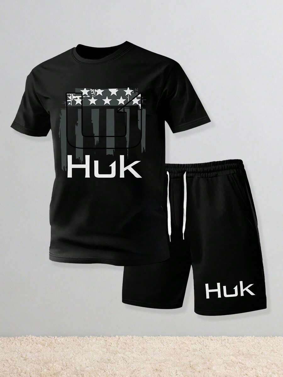 CHAOSHU HUK American Flag Logo Print Men's Short Sleeve T-Shirt & Shorts Set Patriotic Fishing Two-Piece Outfit - 黑色 - 查看 1