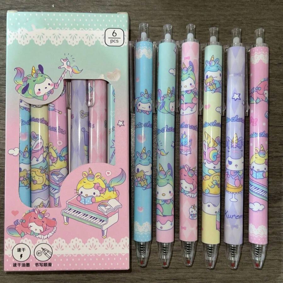 SANRIO [Bộ sản phẩm bán chạy] 6 bút bi đen 0.5mm có thể thu gọn - Món quà hoàn hảo, lý tưởng cho người hâm mộ - Nhiều màu - Xem 1