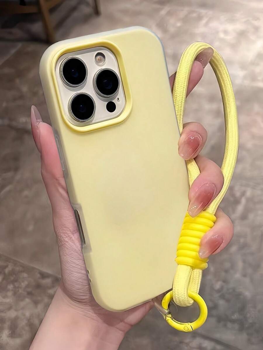 Transparent Matte Dopamine Lanyard Phone Case, Compatible With Apple 11 12 13 14 15 16 Pro Max, 16 Plus, 17 17 Pro Max, Dual-Layer Shockproof, Anti-Fall, Anti-Scratch, Jelly Two-In-One Phone Case - Yellow - View 1