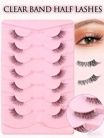 MAANGE 7 Pairs Mother's Day Transparent Band Cat Eye Short Soft 3D Faux Mink False Eyelashes, Natural Makeup Look, Elongate Eye Corners, Enlarge Eyes, Travel Essential, Holiday Gift Guide, Beach Vacation, Camping Trip, Women Gift, Pink Packaging