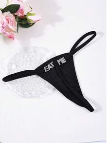 1 chiếc quần lót dây mảnh khoét rỗng đính đá hình chữ cái, đồ lót gợi cảm cạp thấp. - màu đen - Xem 7