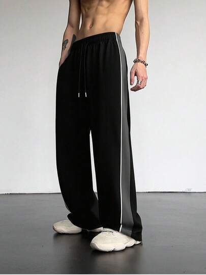 Men's Summer Contrast Trim Casual Sports Pants, Drawstring Waist, Suitable For Sports, Fitness, Leisure, Outdoor Commute, Daily Wear