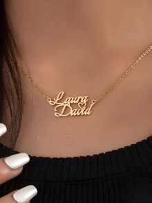Customized Stainless Steel Couple Name Necklace, Gold Plated Personalized Heart-Shaped Neck Chain, Valentine's Day Gift, Luxury Gift For Friends And Mothers In High-End Gift Box Gold,Silver Stylish,Fall Fashion,Contracted,Simple,Casual,Old Money Custom,Personalizedr - 18k Gold Plated - View 2