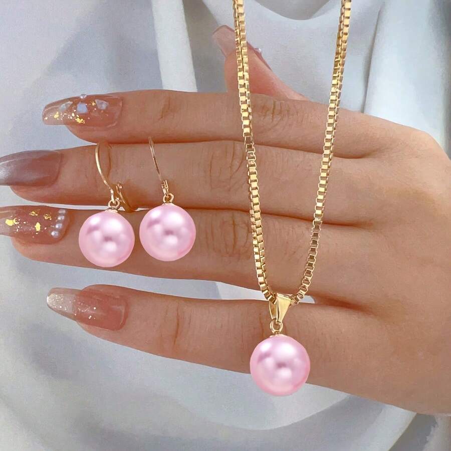 1pc Pink Faux Pearl Necklace And 2pcs Earrings Jewelry Set, Bronze Tone Accessories, Perfect For Daily Wear, Vacation, Ideal For Girlfriend, Mom - Pink - View 1