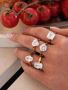 1 chiếc nhẫn nữ cỡ lớn đính đá Zirconia lấp lánh, mạ vàng 18k, chất liệu thép không gỉ (hình trái tim/tròn/chữ nhật/hình oval), nhẫn cưới kim cương lớn chống thấm nước, ít gây dị ứng, trang sức phong cách Y2K Hip Hop, món quà lý tưởng cho tiệc tùng, đám cưới, dạ hội, đeo hàng ngày, Ngày Valentine, sinh nhật, Giáng sinh, kỷ niệm, phù dâu, tiệc độc thân. - Nhiều màu - Xem 8