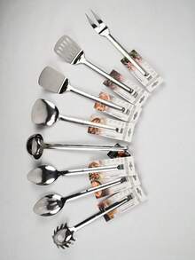 1 Set Faux Wood Grain Handle Stainless Steel Kitchenware Set, Includes Spatula, Ladle, Soup Spoon, Frying Spatula, Cooking Tools, Durable & Heat Resistant, Multi-Style Options For Home Use - Steel Handle Eight-piece Set - View 3