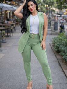 Set 3 pzs chaleco blusa pantalon tela suave crepe casual formal elegante - verde menta - Ver 2