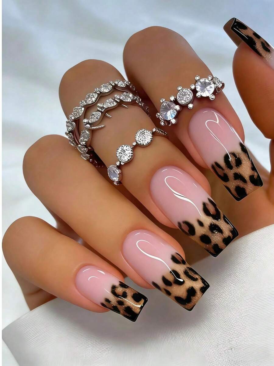 24片Y2K复古棺材形美甲贴纸，闪亮亚克力材质，粉色渐变，闪粉，几何，豹纹，古铜色图案，优雅简约美甲贴片，适合节日、派对、约会、日常佩戴 - 粉色 - 查看 1