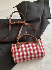 多巴胺时尚高品质单肩斜挎包，休闲百搭饺子造型复古奢华格纹迷你手提包，女士款 - 酒紅色 - 查看 5