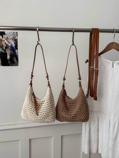 Bolso de hombro en forma de media luna tejido de malla hueca hecho a mano, de hilo de algodón transpirable, con cierre de cremallera, bolso casual para llevar debajo del brazo, con correa de cuero de PU ajustable, para uso diario, compras, estilo retro campestre, bolso cruzado para mujer, artístico para viajes y fotografía, playa, picnic