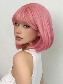 Tóc giả bob màu hồng thẳng, dài 12 inch, có mái, thích hợp cho nữ sử dụng hàng ngày, dự tiệc, cosplay, chụp ảnh và các dịp khác. - Hồng - Xem 2