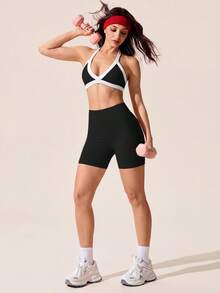 Nouveau ensemble 2 pièces printemps/été TCVC, soutien-gorge de sport sans couture et shorts pour femmes à haute élasticité - Noir - Voir 7