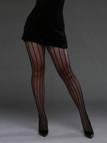 1pc Vertical Striped High Elasticity Fishnet Leggings, Sexy Tight Stockings Gothic Punk Fashion - Black 2 - View 3
