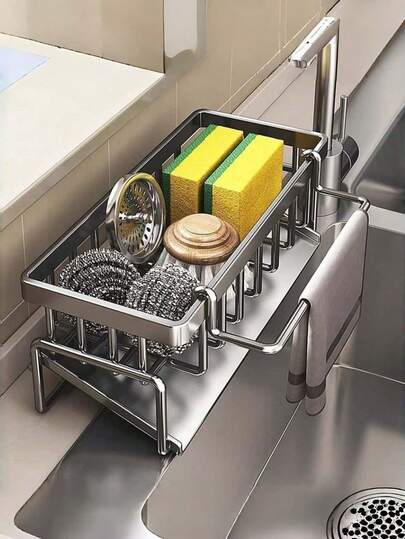 Multifunctional Sink Drain Rack, Can Hold Dishwashing Liquid, Sponge And Cloth, Kitchen Utensil Drying Rack, Sink Sponge And Cloth Storage Rack, Upgraded Carbon Steel Material, Kitchen Storage Rack, Cleaning Cloth And Sponge, Carbon Steel Faucet, Dishwashing, Steel Wool Storage Rack, Ideal For Back To School Season