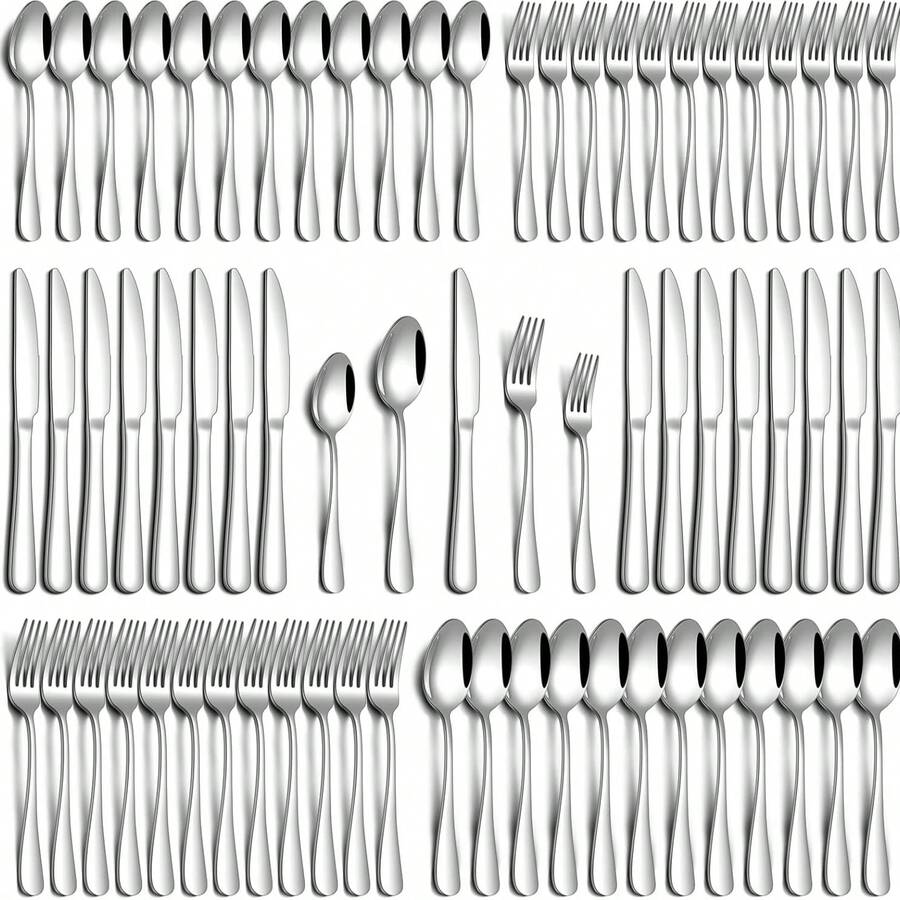 60pcs Silvery 304 Stainless Steel Silverware Suitable For 12 People To Use, Steak Knife, Salad Fork, Dessert Spoons, Cutlery Set With Gift Box, Kitchen Accessories, Home Outdoor, Wedding Camping Stuff, Christmas Party Gift