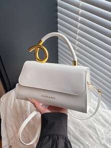 时尚纯色手提包，休闲翻盖小方包，蝴蝶结金属锁扣，可单肩斜挎，春夏新款 - 白色 - 查看 3