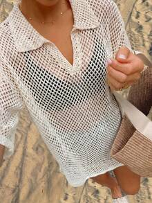 Áo khoác cardigan dệt kim lưới khoét lỗ dành cho nữ, cổ bẻ, dáng rộng, tôn dáng, chống nắng, thích hợp cho kỳ nghỉ hè ở bãi biển. - Màu be - Xem 2